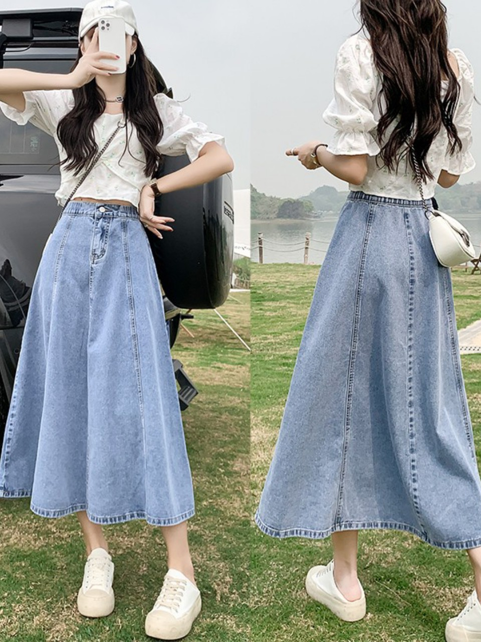 Chân Váy Chữ A Cạp Cao Dáng Dài Chất Jeans