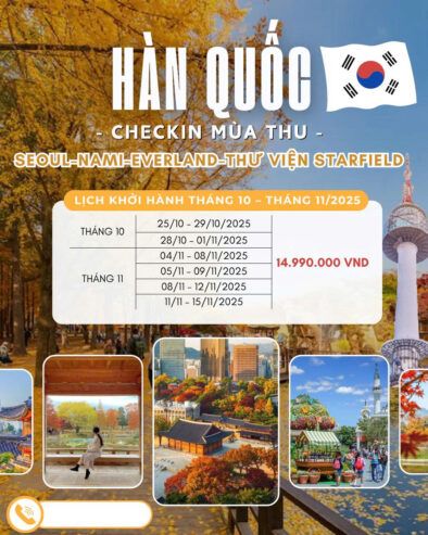 Tour Hàn Quốc mùa Thu (tháng 10,11) khởi hành từ Đà Nẵng